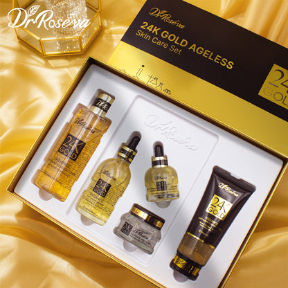 DR.ROSEVA 5Pcs 24K Gold Radiance Luxury Set Brightening & Firming Skincare Gift Box With Hyaluronic Acid Niacinamide Serum